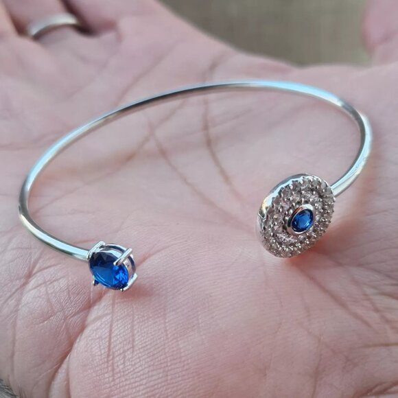925 Sterling Silver Bracelet Blue Faux Stone Crystal Accent Cuff Wrist Band New - Picture 5 of 12